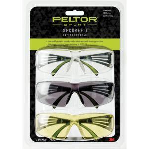 3M/Peltor, SecureFit 400, Anti-fog Glasses, Lightweight, Amber/Clear/Gray, Safety Eyewear 3-Pack