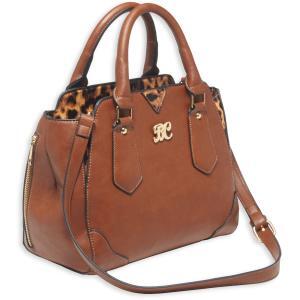 Bulldog Satchel Style Purse, Chestnut with Leopard Trim (Medium)