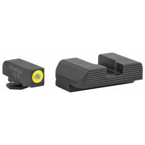 AmeriGlo, Protector, Tritium Night Sight, Fits Glock 17,19,22,23,24,26,27,33,34,35,37,38,39, Green Tritium LimeGreen Lumi Round Outline Front, Black Serrated Rear