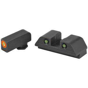AmeriGlo, Trooper, Tritium Night Sight, Fits Glock Gen5 17,19, Green Tritium with Orange Outline Front, Green Tritium Black Serrated Rear