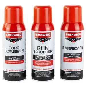 Birchwood Casey, 1-2-3 Aerosol Value Pack, 10 oz 2-Bore Scrubber, 2-Gun Scrubber, 2-Barricade Aerosol Can Warning