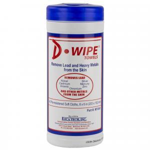 Blue and white bottle labeled D-WIPE Towels, a skin-cleaning product for removing lead and heavy metals from the skin.