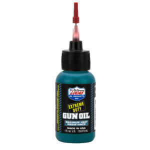 Lucas Gun Oil bottle with red dropper nozzle and black label reading 'Extreme Duty Gun Oil'